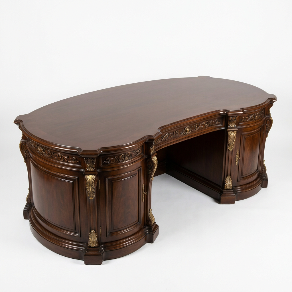 Classic Executive Wooden Desk with Ornate Carved Details