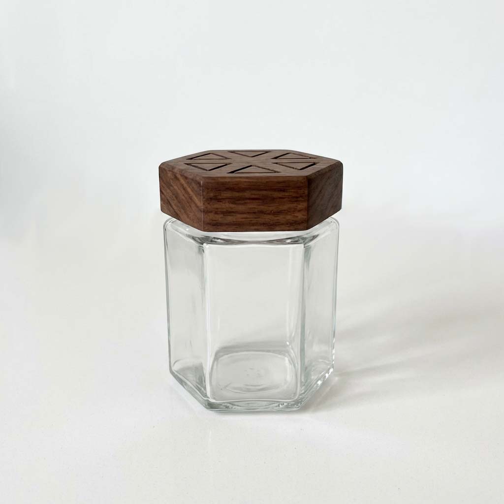 Hexagon Glass Spice Jar with Carved Wooden Lid