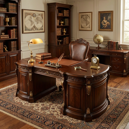 Classic Executive Wooden Desk with Ornate Carved Details