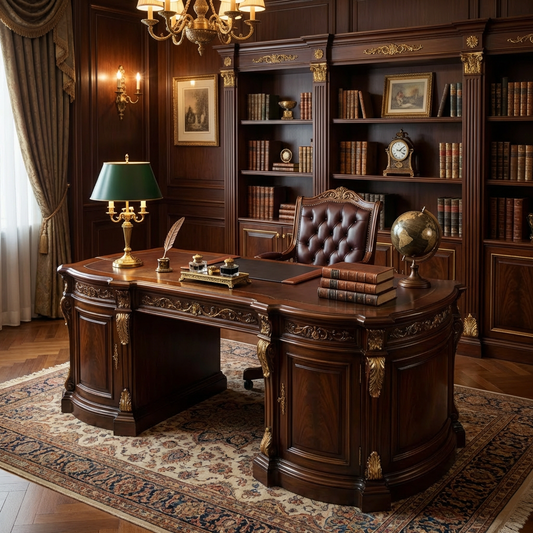 Classic Executive Wooden Desk with Ornate Carved Details