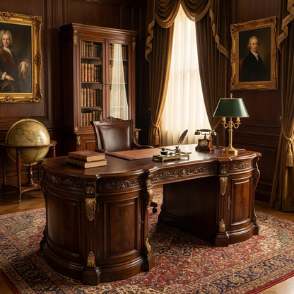 Classic Executive Wooden Desk with Ornate Carved Details