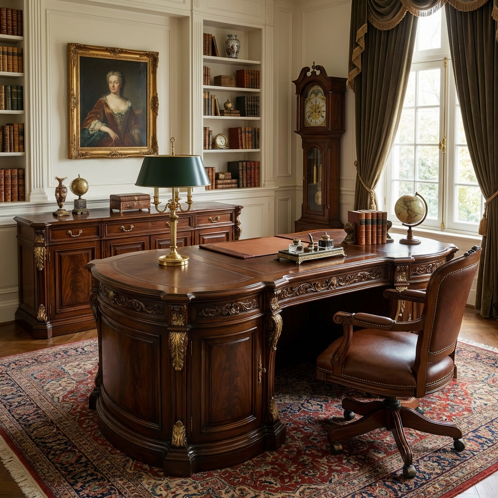 Classic Executive Wooden Desk with Ornate Carved Details