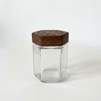 Hexagon Glass Spice Jar with Carved Wooden Lid