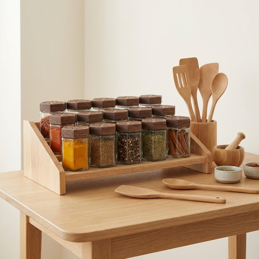 Hexagon Glass Spice Jar with Carved Wooden Lid