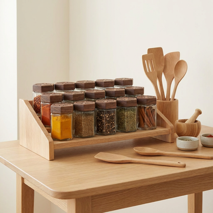 Hexagon Glass Spice Jar with Carved Wooden Lid