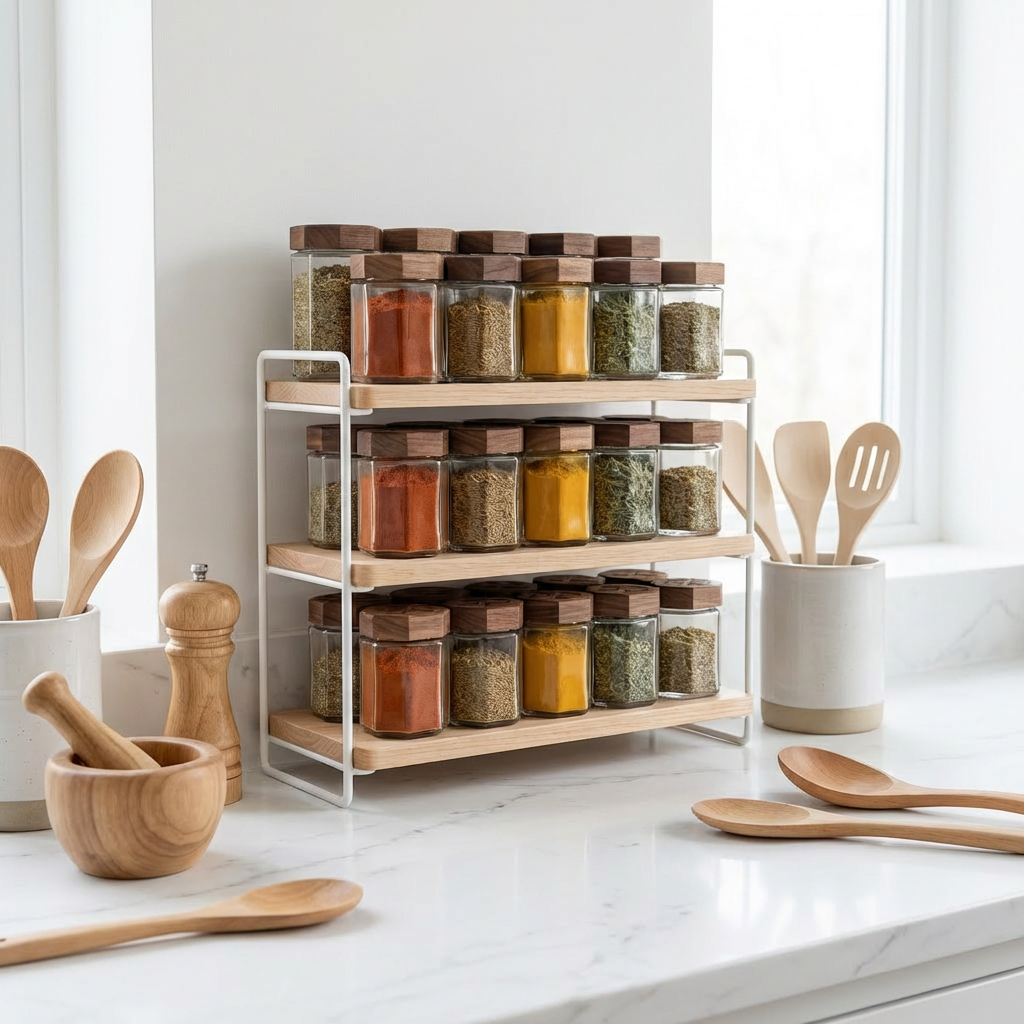 Hexagon Glass Spice Jar with Carved Wooden Lid