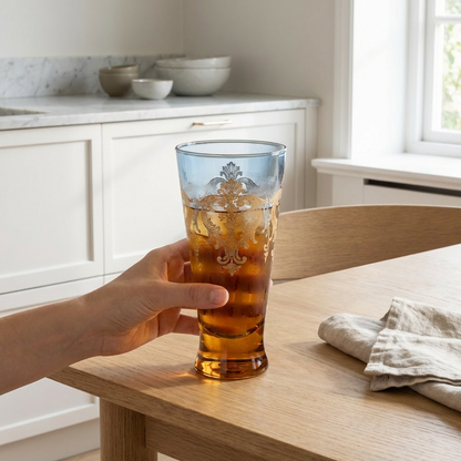 Vintage Gradient Glass Tumbler (Blue–Amber) with Gold Embossed Pattern