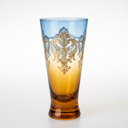 Vintage Gradient Glass Tumbler (Blue–Amber) with Gold Embossed Pattern