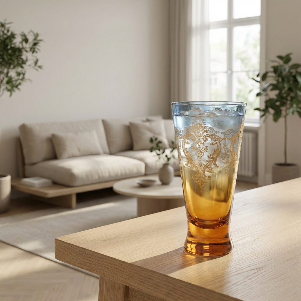 Vintage Gradient Glass Tumbler (Blue–Amber) with Gold Embossed Pattern